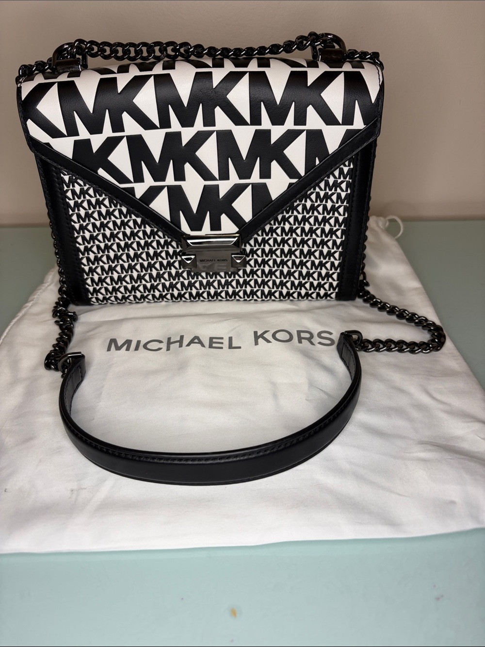 Michael Kors Black and White MK Monogram Chain Shoulder Bag